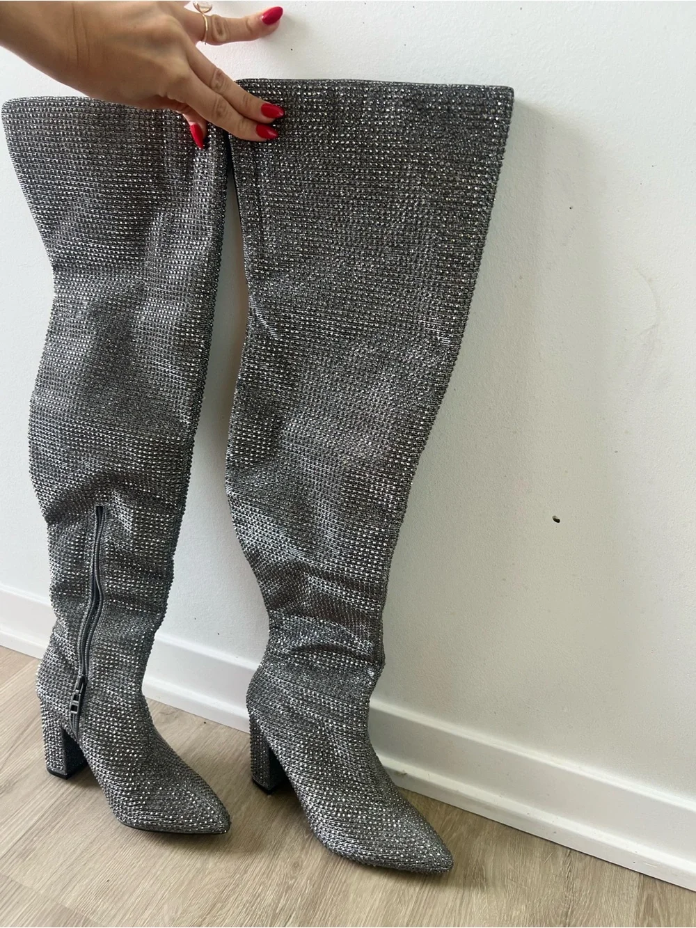 Silver Rhinestone Over-the-Knee Block Heel Boots